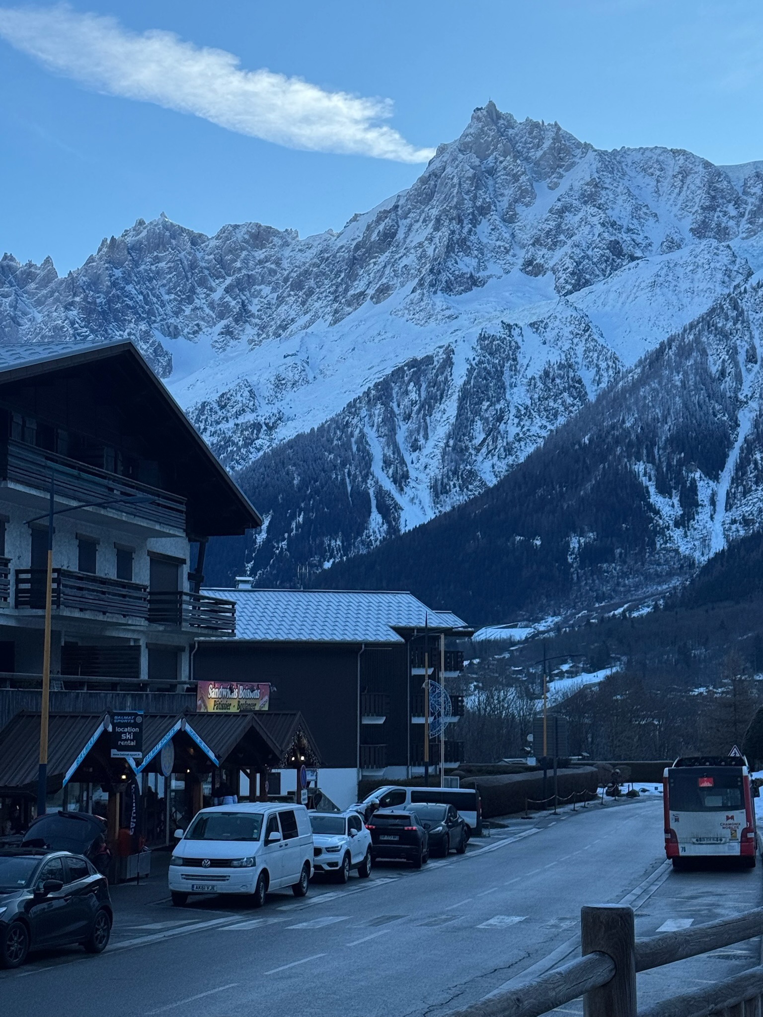 Chamonix town with the peaks rising behind